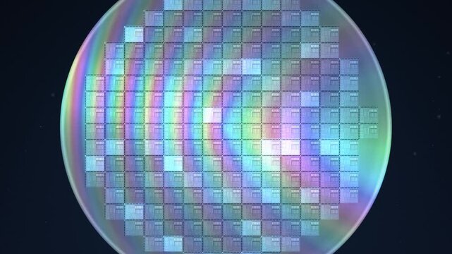 Semiconductor silicon wafer with microchip die grid rotating under inspection light with iridescent rainbow diffraction, seamless loop in subtle silver tones