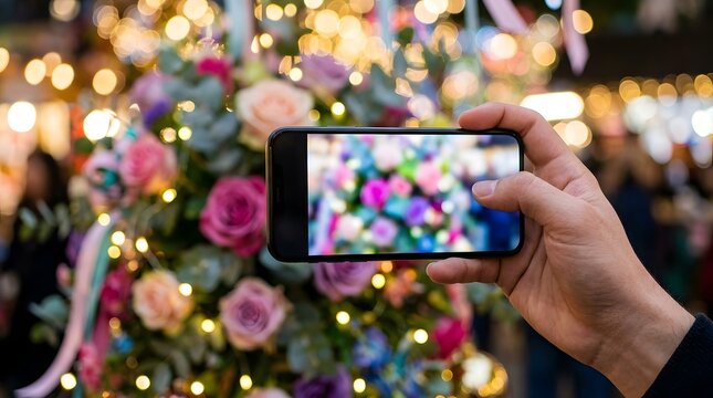 Hand holding smartphone capturing vibrant floral display with bokeh lights