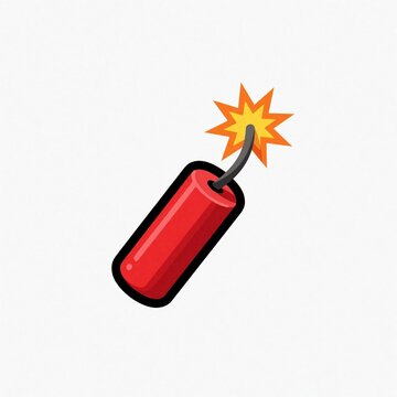 Red dynamite stick with burning fuse on white background. Exploding bomb with bright orange spark, fire. Dangerous explosive object for gaming design, warning sign, cartoon animation. Concept of