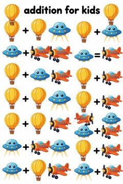 Educational math worksheet for kids featuring cute cartoon aircraft. Children solve addition puzzles using colorful hot air balloons, UFOs, airplanes. Fun logic game helps preschool students learn