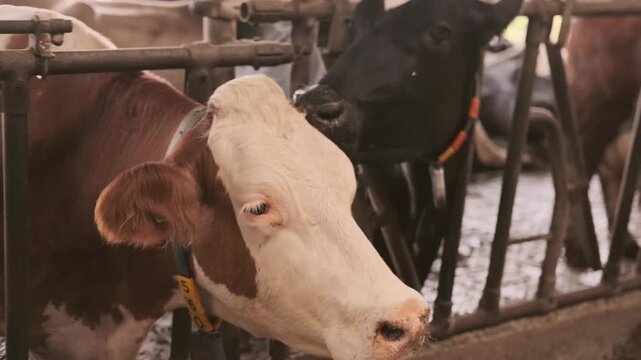 cows ear tags eating hay in barn stall, Herd cattle feeding, animal nutrition, modern dairy indoor farm life, husbandry practices, technology traceability, feeding time, organized management livestock