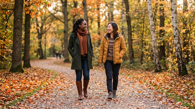 Asian and Black women walking and laughing in an autumn park. Diverse female friends talking naturally on a forest path. Mental health and outdoor well-being concept
