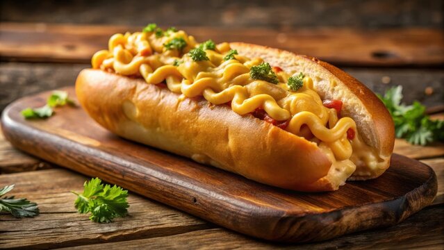 A steaming mac and cheesetopped hot dog nestled in a long bun rests elegantly on a rustic wooden board
