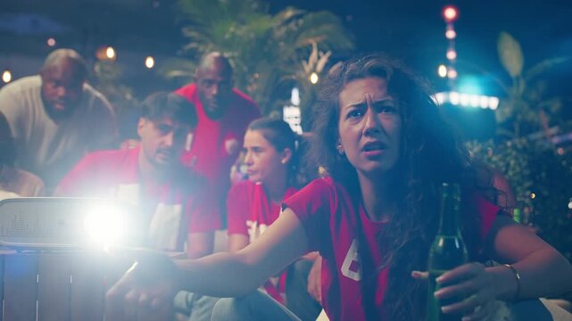 Close up of an upset woman watching football with friends after a missed scoring chance, holding a drink bottle and gesturing angrily during the match.