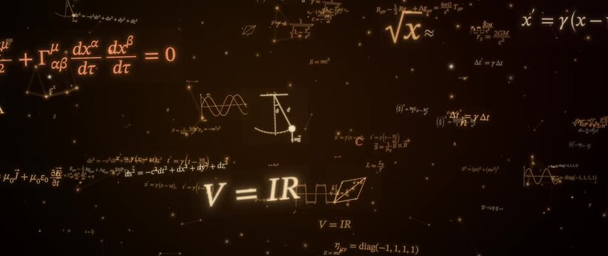 Physics equations and glowing formulas drift through a dark field of scientific symbols