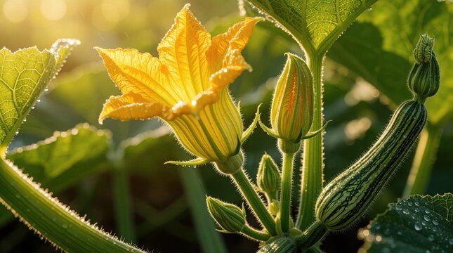 Macro view of yellow squash blossom, green zucchini fruit in garden. Fresh dew drops cover plant leaves, stem under warm sunlight. Summer vegetable grows in organic farm field during morning,