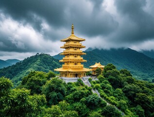 Obraz premium Golden multi tiered pagoda stands on rich green mountain hill. Ornate buddhist temple architecture sits under dramatic cloudy sky. Scenic landscape with forest trees, misty mountains provides