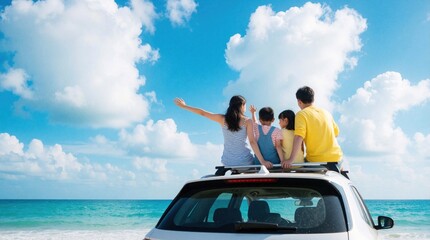 Fototapeta premium Happy Asian family sits on car roof during summer road trip. Parents, kids enjoy view of blue sea, tropical beach. Children wave arms at sunny sky. Group travels together for fun holiday vacation on