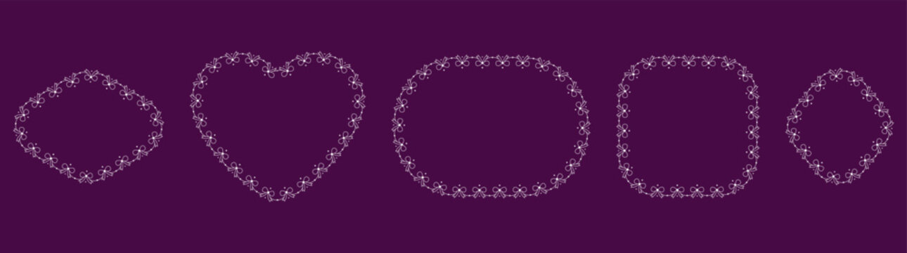 White bow lace border frame set featuring heart oval circle diamond shapes, delicate ribbon garland trim isolated on purple background vector illustration for wedding valentine romantic stationery