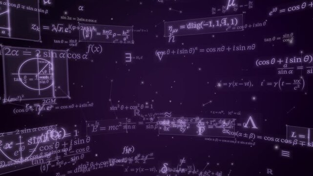 Mathematical equations and diagrams shift across a glowing purple star field