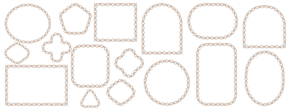 Tan heart chain lace border frames surround circle, oval, rectangle, pentagon, arch plus triangle shapes as delicate romantic trim isolated on white background for wedding stationery labels.