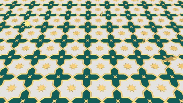 White and gold Islamic pattern with floating stars flat seamless loop