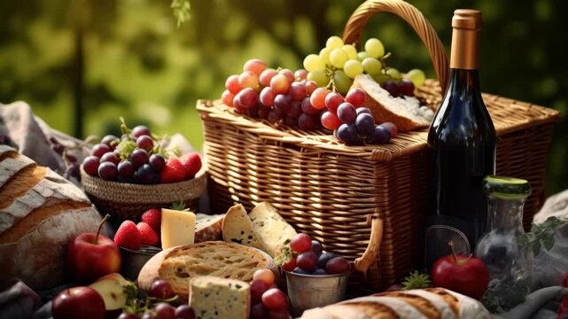Gourmet Picnic Basket with Wine, Bread, and Fruit Outdoors