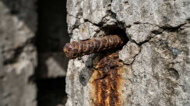 Corroded steel rebar protruding from cracked, spalling concrete showing rust stains and structural deterioration
