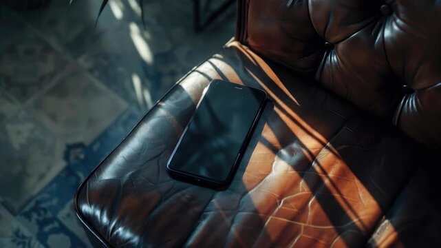 Smartphone on tufted leather sofa with striped sunlight shadows