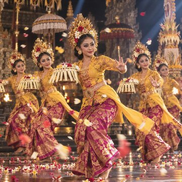 Five young Balinese female dancers performing Pendet dance on a stage, dynamic mid-movement pose, intricate gold jewelry and bright kebaya, long exposure motion feel, petals flying in the air, dramati