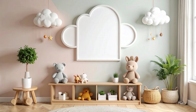 Nursery interior design empty cloud frame for baby announcement or wall art mockup in a cozy playroom with soft pastel colors and plush toys