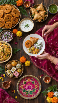 Traditional Diwali feast with samosas chakli mithai chutney glowing diyas rangoli and marigold decor for festive family celebration
