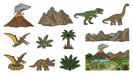 Dinosaur prehistoric landscape elements, isolated © wowo