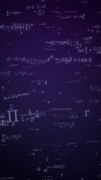 Mathematical equations drift across a dark purple abstract science background