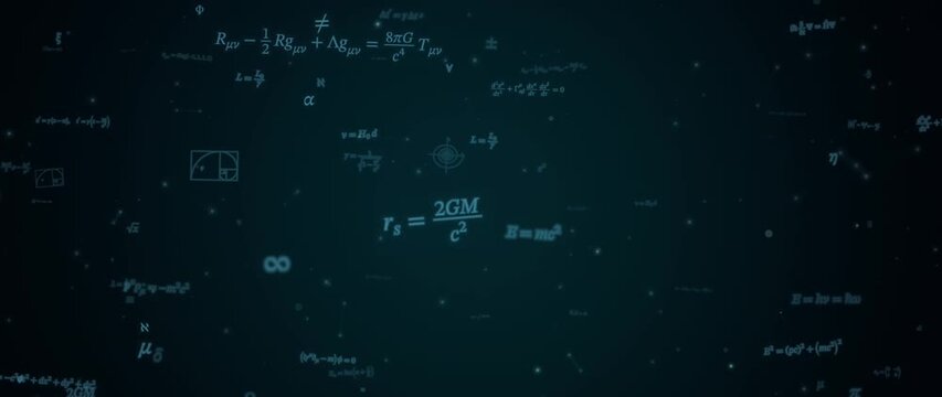 Floating physics equations drift across a dark teal abstract scientific space background