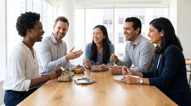 Diverse coworkers sharing a healthy lunch and talking in a bright