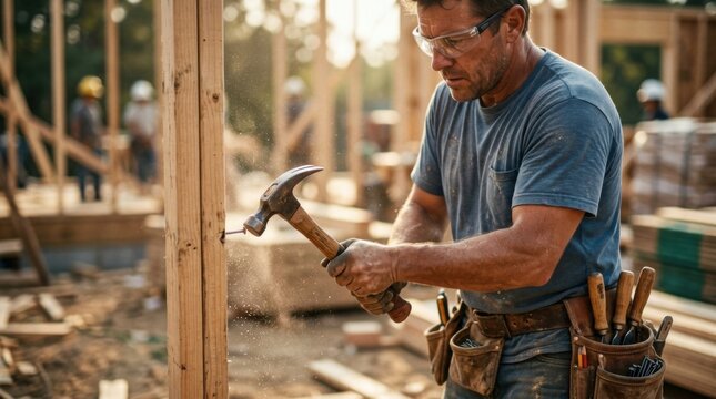 Carpenter driving a framing nail into a wooden stud with a hammer, tool belt and chisels visible on a construction job site