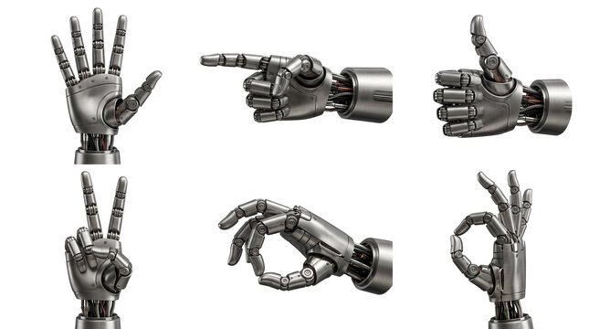 Robotic Hand Gestures Set, Chrome Cyborg Hand Pointing Thumbs Up Peace Sign Isolated on Transparent Background