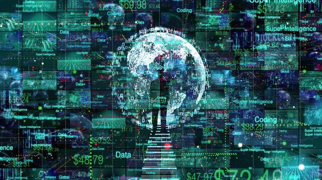 Super Intelligence technology background. A man in front of a global monitor is analyzing a flow of SI data for investment opportunity.
