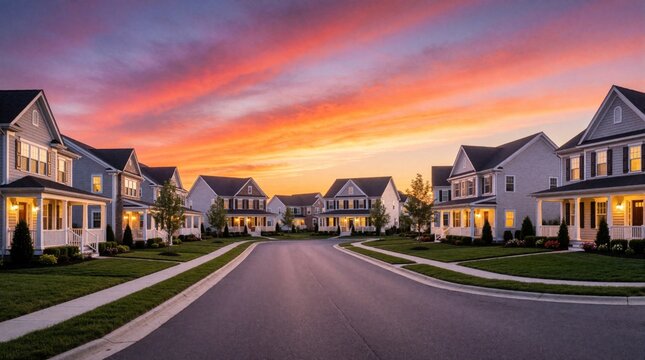 Aerial view of luxury suburban cul de sac at sunset. Modern two story family houses line quiet residential street with green lawns. Beautiful colorful sky glows over new real estate neighborhood in