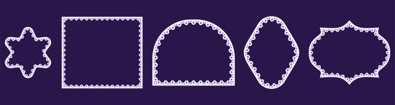 White bubble eyelet lace frames with broderie anglaise trim shape flower star, square, arch, diamond plus ornate bracket borders on deep purple navy as elegant set for wedding invitations or crafts.