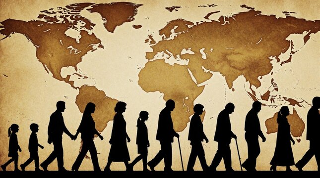 Family silhouettes walk across vintage world map background. People of different ages journey through global landscape. Group of humans moving together on earth concept. Concept of migration, travel,