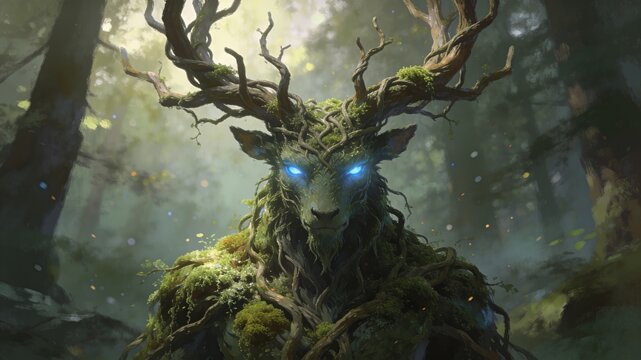 Mystical Forest Spirit Creature with Glowing Blue Eyes, Antlers of Branches, Roots, and Moss in an Ethereal Woodland