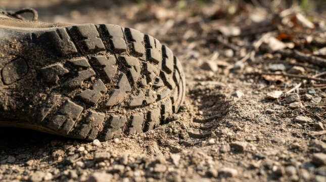Boot sole tread print pressed into gravel dust on rugged ground, close-up of a protective work boot