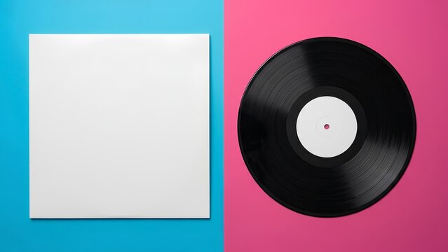 Top down view of blank white vinyl record sleeve mockup and black LP disc with white label on split cyan blue and magenta pink background
