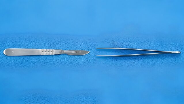 Stainless steel surgical scalpel and medical forceps tweezers on sterile blue background