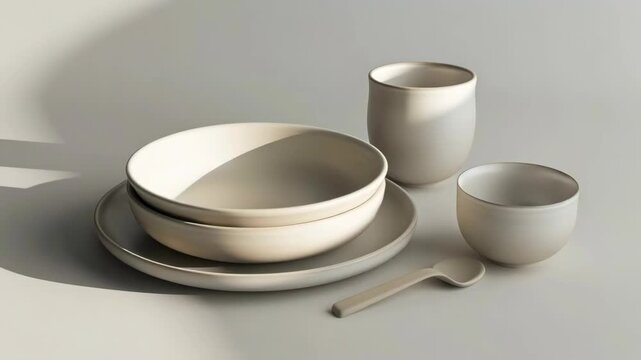 Minimalist Ceramic Tableware with Stacked Bowls and Tall Mug