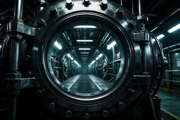 Fototapeta premium Close up view of industrial vacuum chamber with round metal portal. Polished steel door opens to bright high tech laboratory interior. Large machine equipment used for science research, engineering