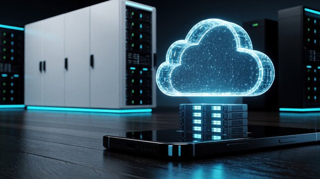 Glowing blue cloud icon floats above smartphone on dark floor. Digital data storage symbol sits on mobile device in futuristic server room. High tech cloud computing concept with server racks,