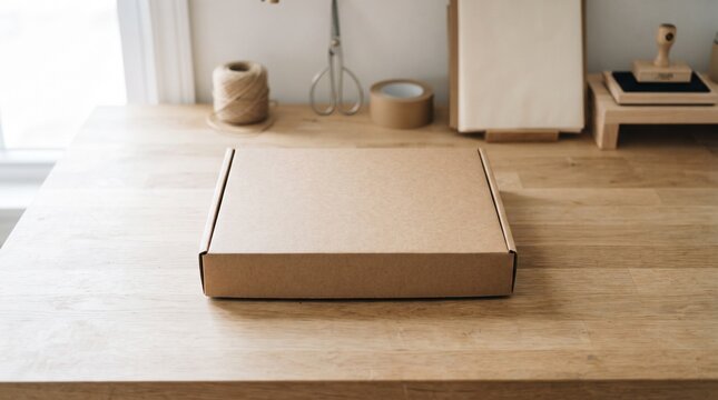 A flat cardboard gift mailer box centered on a clean wooden desk in a bright workspace studio