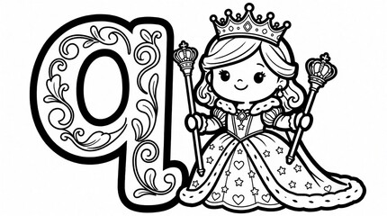 Obraz premium Coloring page for kids featuring letter Q, cute queen. Little princess wears crown, holds scepter. Black, white line art drawing for alphabet learning. Children activity book page with royal
