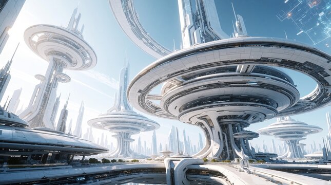 Futuristic white city with giant saucer shaped skyscrapers. Advanced sci fi architecture features massive floating structures, high tech towers. Concept of space colony advanced civilization on alien