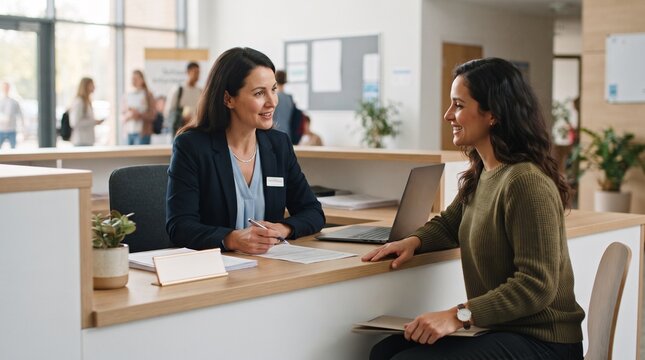Professional school administrator assisting a student at a modern reception desk in an office