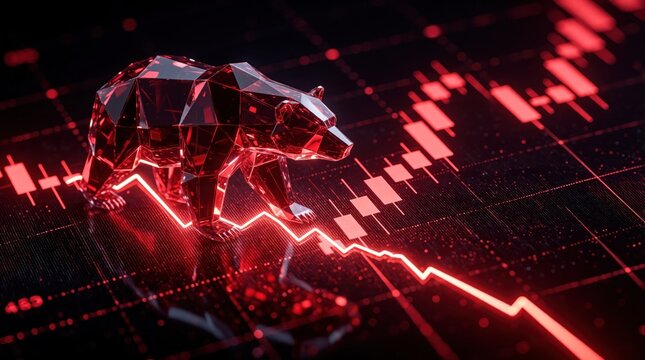 Abstract geometric red crystal bear walks on falling stock market graph. Financial bear market concept shows economic crash, recession. Digital trading chart background with declining red lines, data