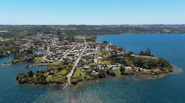 Aerial view of the coast of Puerto Octay, Llanquihue Lake and Andes Mountains