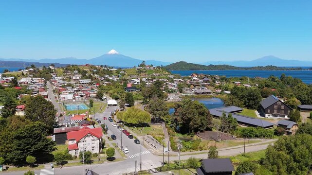 Aerial view of the coast of Puerto Octay, Llanquihue Lake and Andes Mountains