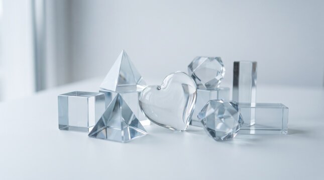 Clear glass geometric shapes and a heart sculpture arranged on a clean white surface background