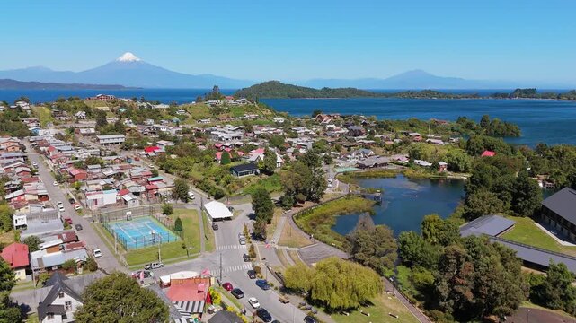 Aerial view of the coast of Puerto Octay, Llanquihue Lake and Andes Mountains
