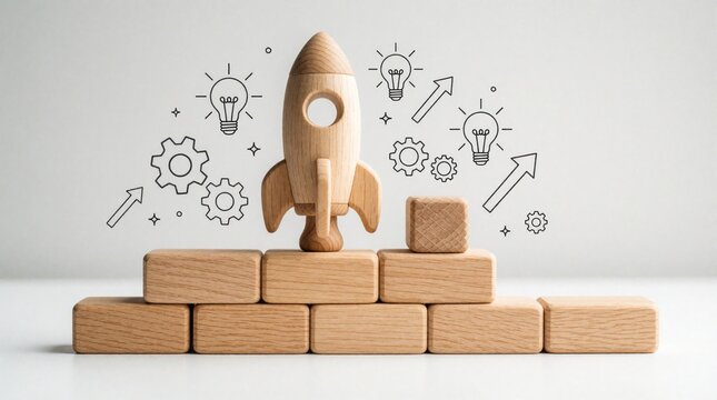 Wooden toy rocket launches from stacked blocks. Creative line art icons show light bulb ideas, gears. Concept of startup success, business growth, innovation process. Small wooden ship travels upward