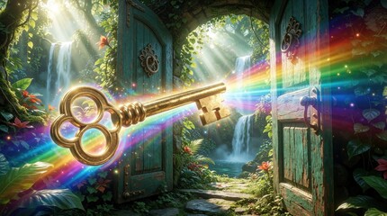 Naklejka premium Large golden key floats in front of open wooden doors to magical garden. Vibrant rainbow light beams through tropical jungle with waterfalls, plants. Fantasy concept of secret paradise, adventure,